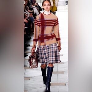 Tory Burch Tan & Navy Plaid Pleated Skirt